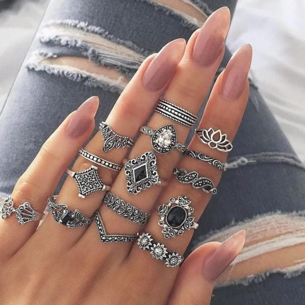 Rhinestone Inlay Bomian Style Women Ring Set