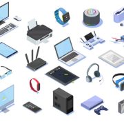 3d detail illustration set with gadget isometric icons. Different electronic gadgets for communication playing music photo and other functions. Modern wireless technologies, smart devices.